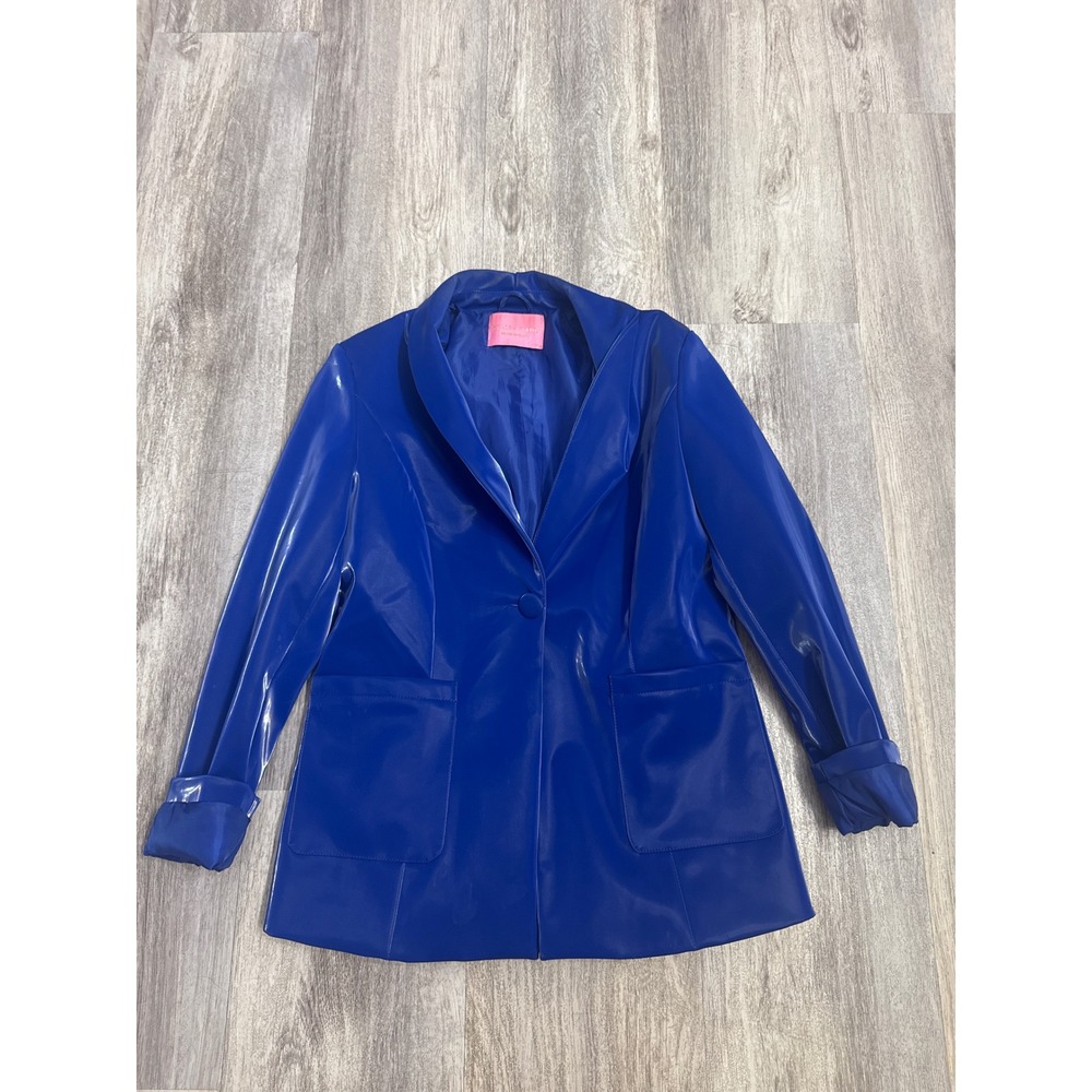 Azalea Wang Linda Royal Blue Patent Faux Leather Blazer Jacket XL